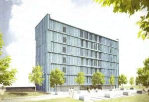 Ein achtstöckiges Hochhaus ganz aus Holz entsteht an der A7 bei Aalen (Bild: Kampa Haus)