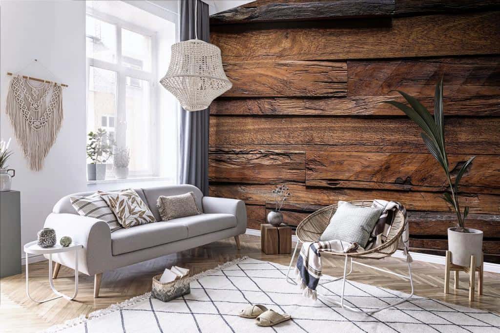 Wohnzimmer im Boho-Stil mit Fototapete Holzwand