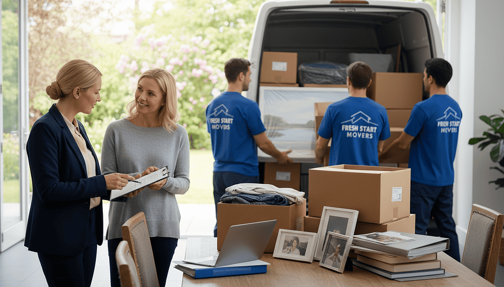 A professional and organized home decluttering scene after a separation, highlighting the contrast between private and professional help. In the foreground, a well-dressed consultant, wearing smart business attire, is engaging with a client who appears relieved and grateful. They are discussing items on a table filled with boxes and household belongings, with documents and a checklist visible. In the middle ground, a team of movers in uniforms is carefully packing items into a van, ensuring nothing is damaged. The background features an open doorway revealing a sunny garden, symbolizing new beginnings. Soft, natural lighting illuminates the scene, creating a warm, supportive atmosphere, while a slight depth of field directs focus on the interaction in the foreground.