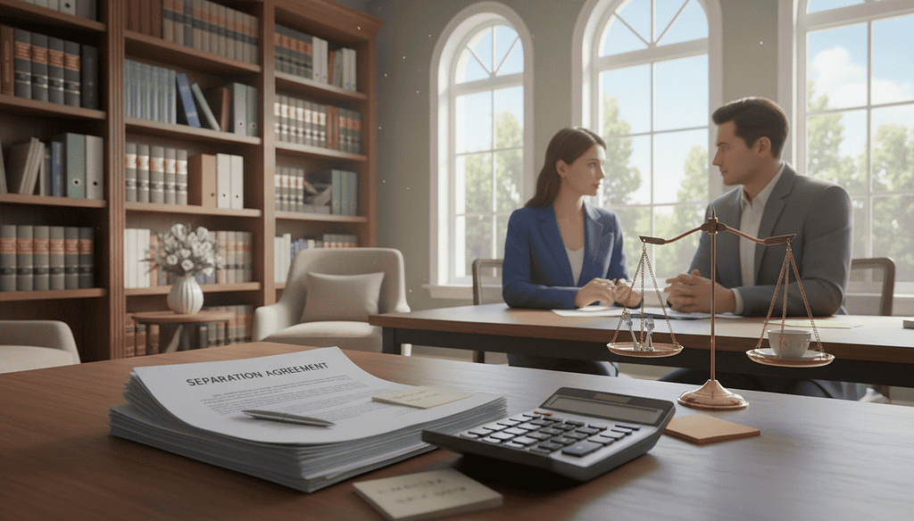 A serene office environment filled with legal documents, a balanced scale, and household items like furniture and kitchenware strategically arranged. In the foreground, a neatly organized table showcases a stack of legal papers, including a separation agreement, surrounded by a calculator and notes. The middle ground features a person in professional attire, engaged in thoughtful discussion, symbolizing negotiation. The background reveals a softly lit room with shelves holding books about legal rights, while large windows let in natural light, creating a warm, inviting atmosphere. The overall mood is cooperative and professional, reflecting the themes of legal frameworks and balance in the division of household items after separation.
