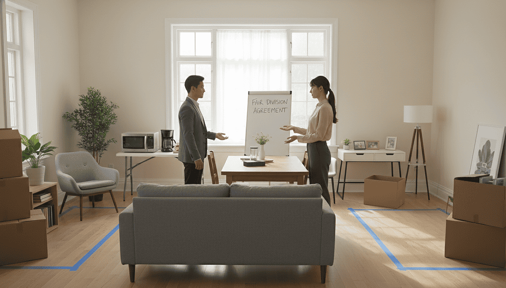 A well-organized interior scene depicting a fair division of furniture and household items following a separation. In the foreground, two adults in modest business attire are attentively discussing and sorting a variety of belongings, including a sofa, a wooden dining table, and a few kitchen appliances. The middle ground showcases a large, well-lit living room with neutral walls, where neatly arranged items are separated into distinct areas for each individual. In the background, a bright window allows natural light to illuminate the scene, creating an atmosphere of calm and cooperation. The overall mood conveys a sense of fairness and mutual respect in the division process. The perspective is slightly angled to capture both people and the organized space effectively.